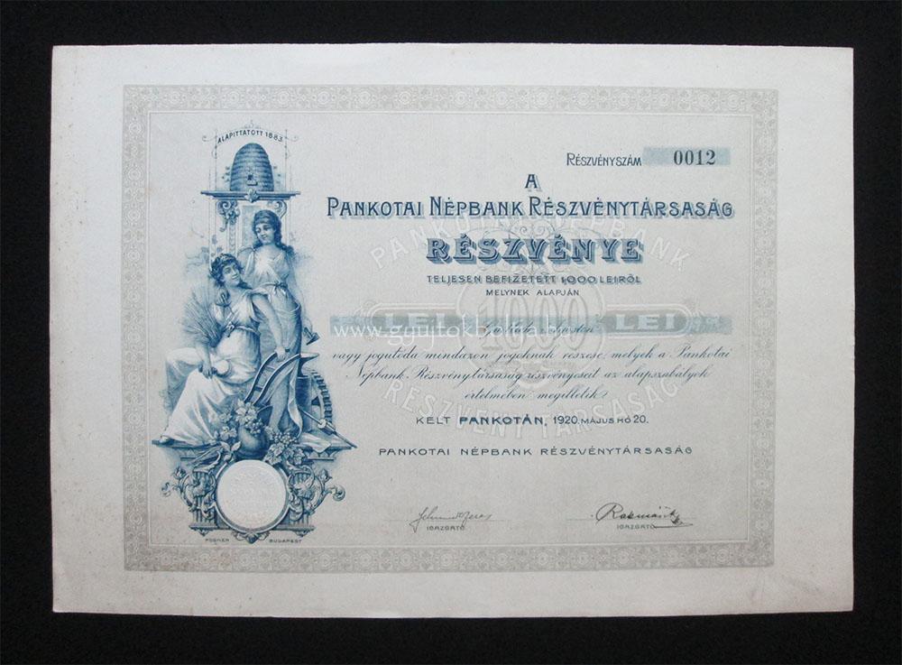 Pankotai Népbank részvény 1000 lei 1920 /ROU/